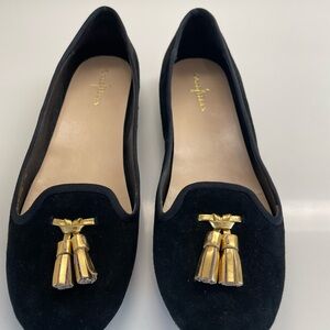 Cole Haan Elegant Black Loafers with Gold Tassel Accents